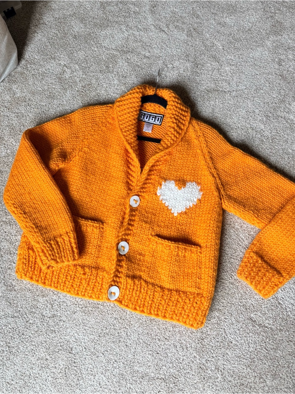 GOGO “Marigold” Orange wool Cardigan with White Heart